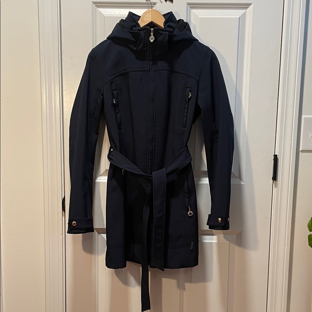 Calvin Klein Women’s Stylish Navy Blue Hooded Coat with Belt Size Small